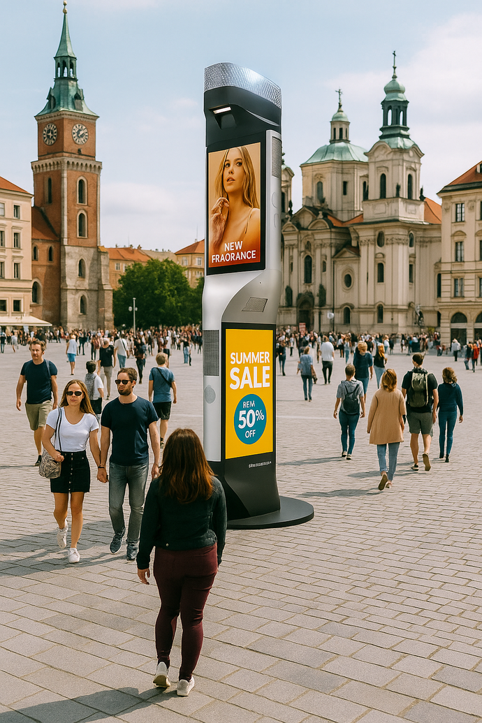 MEQUAD MAX 75/55 – Premium 4-Sided Outdoor Interactive Display Kiosk